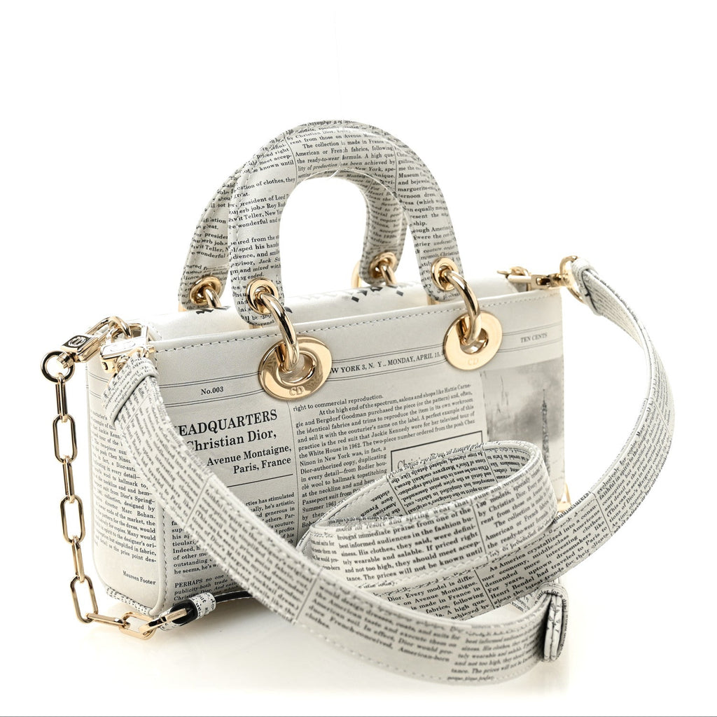 Calfskin Newspaper Printed Small Lady D-Joy Black White