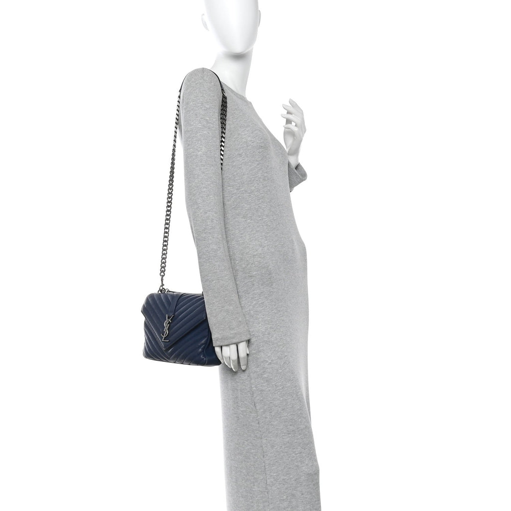 Sheepskin Matelasse Chevron Monogram Medium College Bag Navy