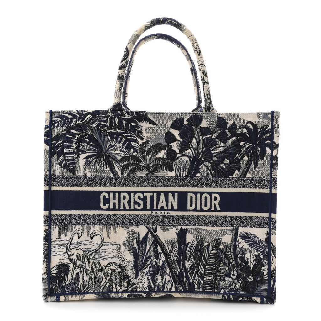 Canvas Embroidered Large Palm Tree Toile De Jouy Book Tote Blue