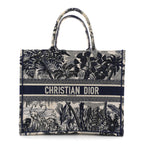 Canvas Embroidered Large Palm Tree Toile De Jouy Book Tote Blue