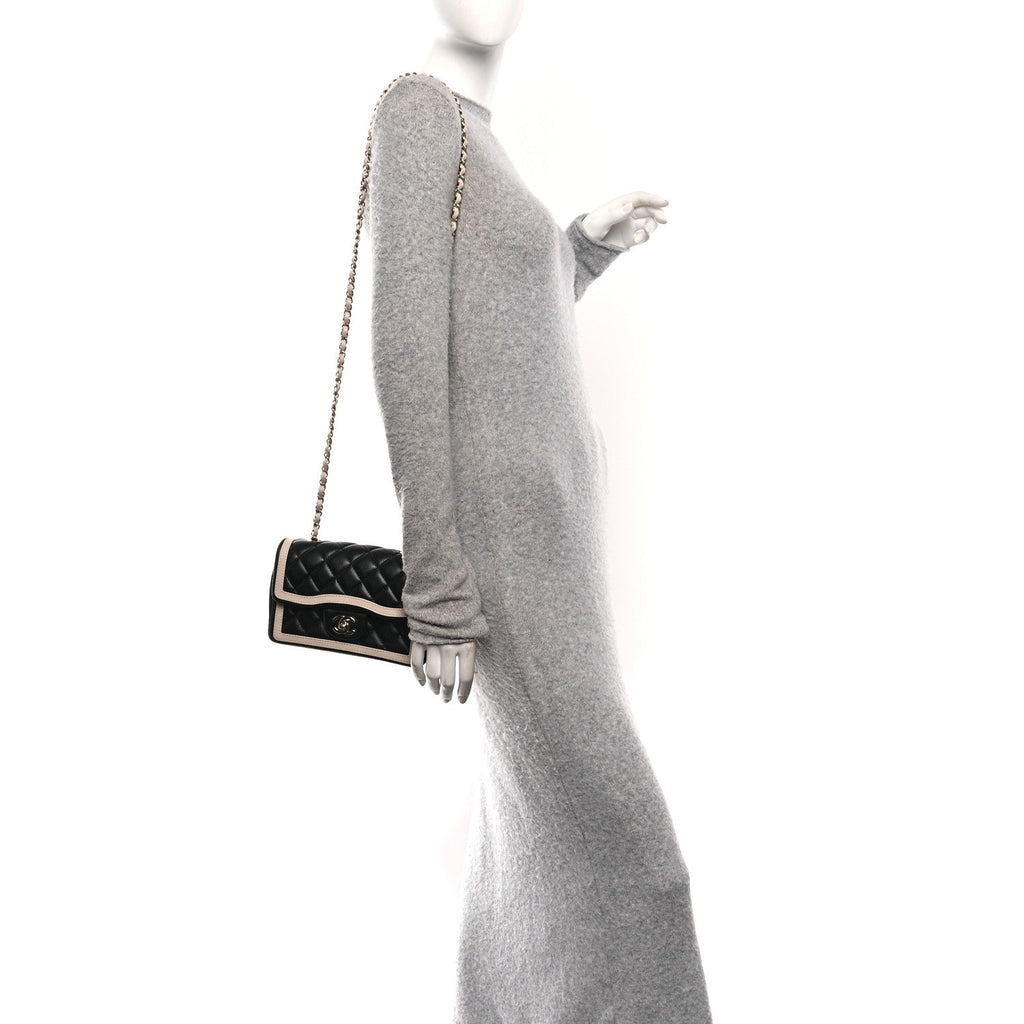 Shiny Lambskin Quilted Half Mini Flap Black Beige