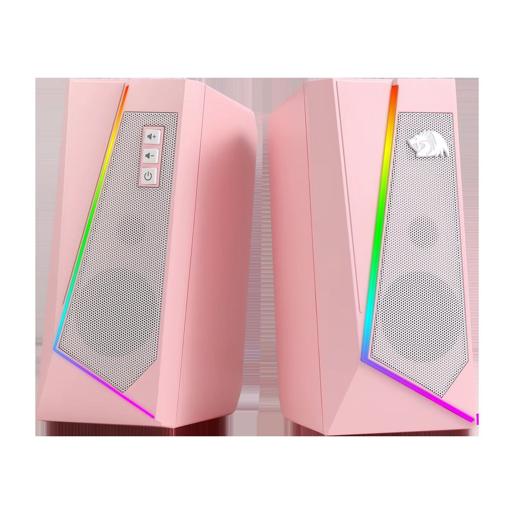 RGB Desktop Speakers - 2.0 Channel PC Stereo System with 6 LED Color Modes and Enhanced Sound, White/Pink