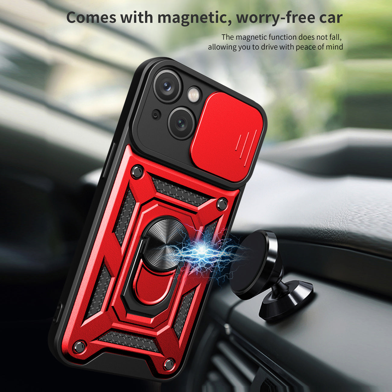 Kickstand Ring Holder With Slide Camera Cover Tpu Magnetic Car Mount For Apple Iphone 14 Plus In Red