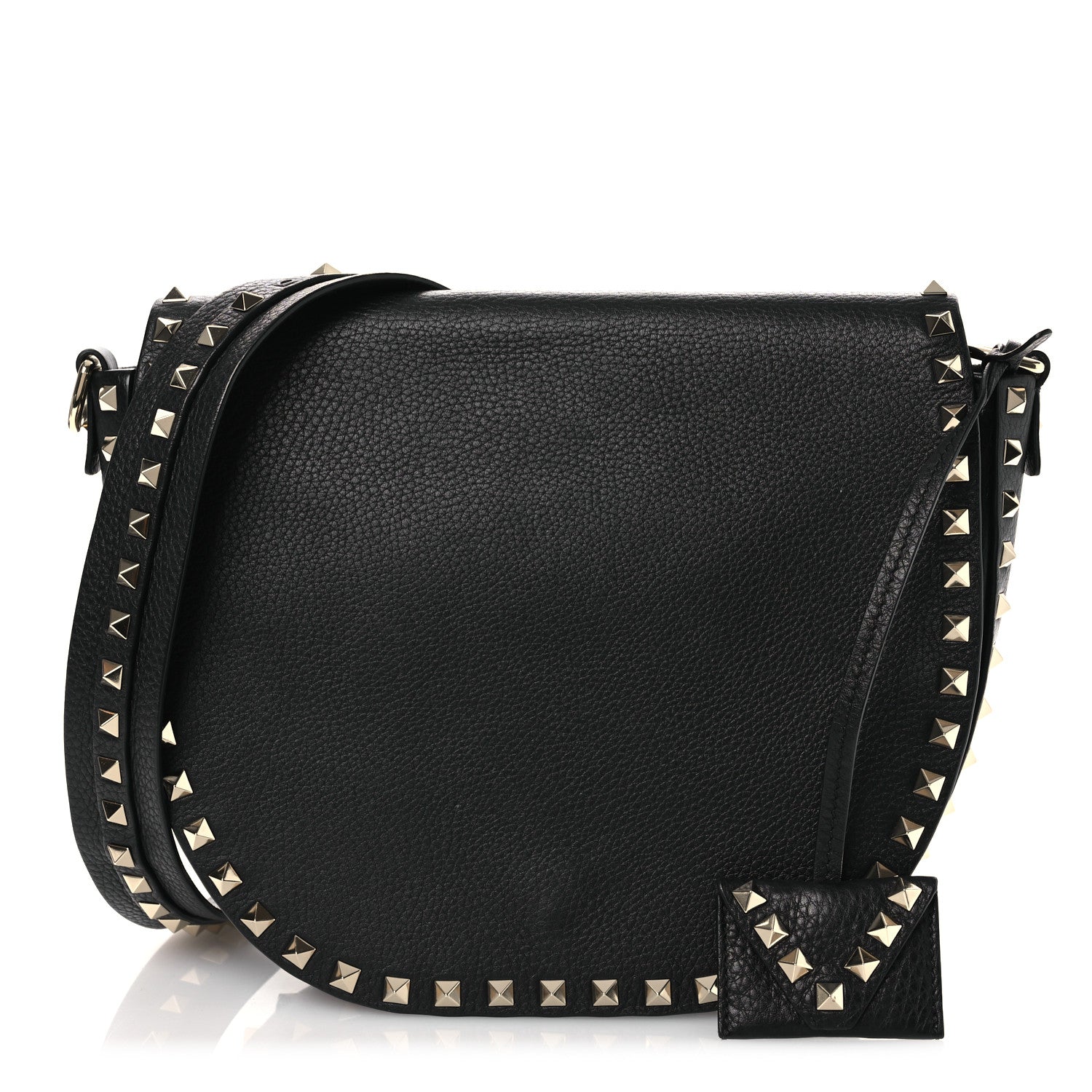 Grained Calfskin Rockstud Saddle Bag Black