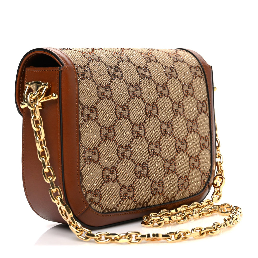 New Canvas Charisma Calfskin Crystal GG Monogram Mini Horsebit 1955 Shoulder Bag Camel Ebony