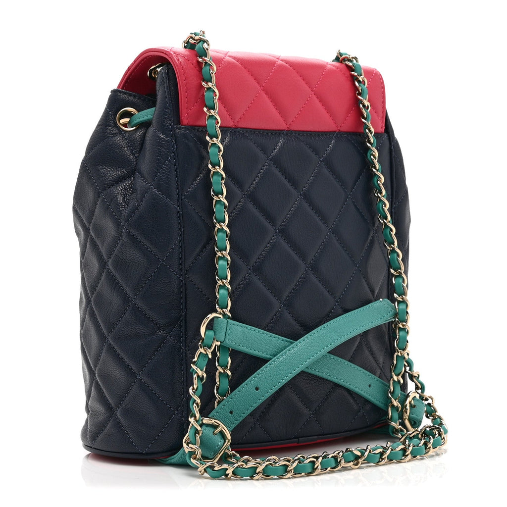 Goatskin Quilted Duma Drawstring Backpack Navy Turquoise Pink