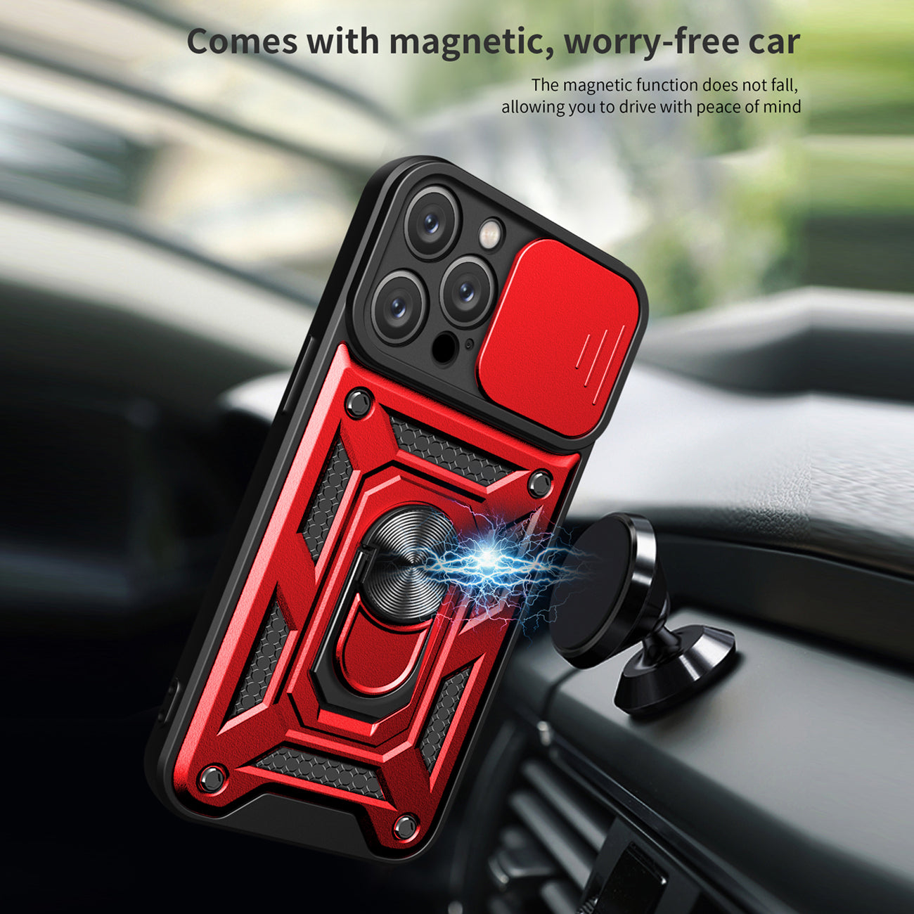 Kickstand Ring Holder With Slide Camera Cover Tpu Magnetic Car Mount For Apple Iphone 14 Pro Max In Red