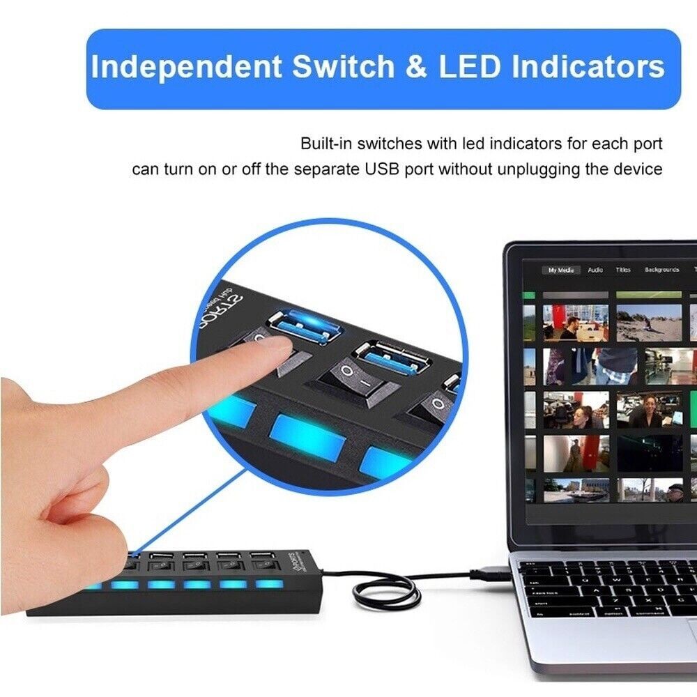 7 Port USB 2.0 Hub Splitter Adapter High Speed For PC Laptop Mac Desktop