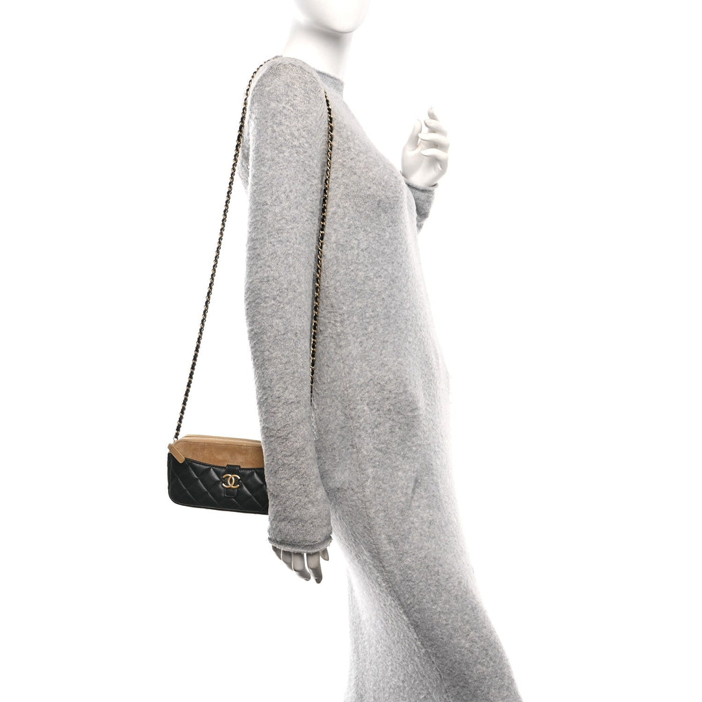 Suede Shiny Lambskin Quilted Phone Holder With Chain Black Beige
