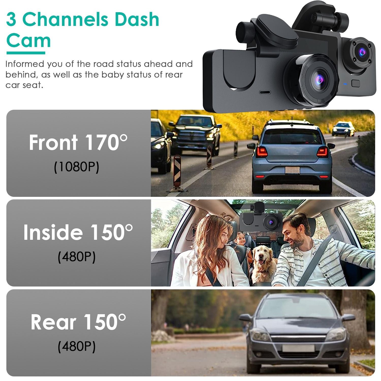 3 Channel Dash Cam Front Inside Rear Vehicle Driving Recorder Car DVR with 32G MMC Card G Sensor Motion Detection Parking Monitor Night Vision Loop Recording
