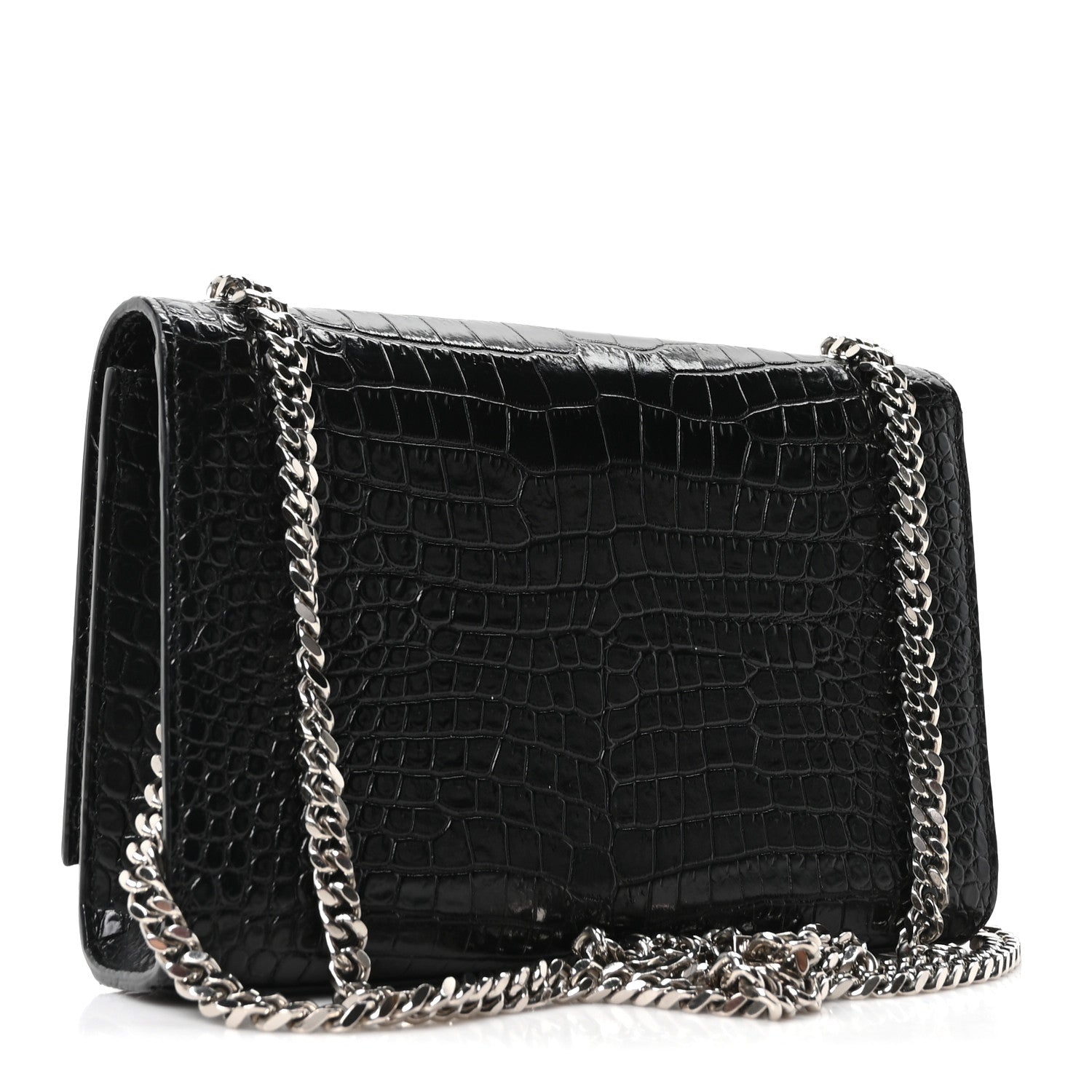 Calfskin Crocodile Embossed Small Classic Monogram Kate Tassel Satchel Black
