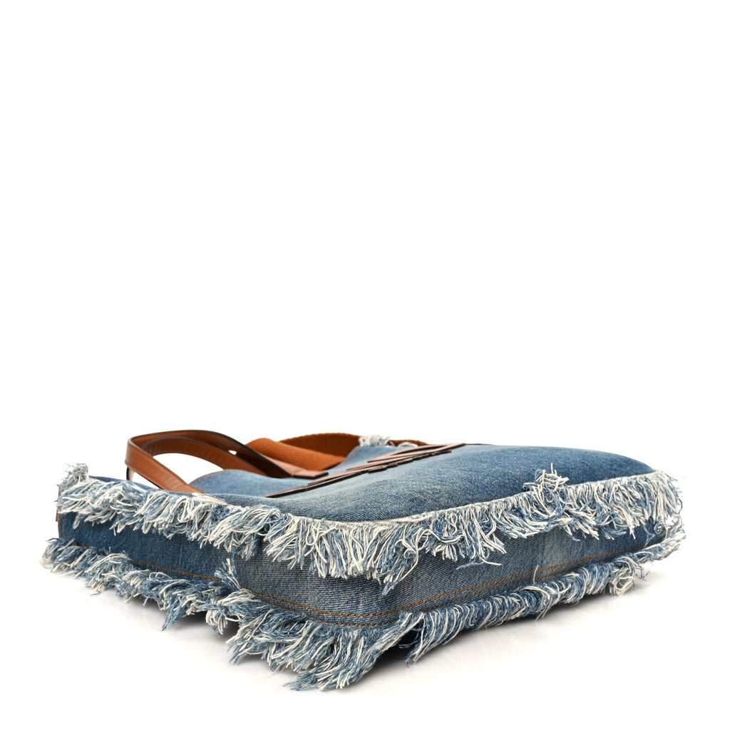 Denim Lavato Vitello King Logo Embroidered Frayed Tote Denim Chiaro Cuoio