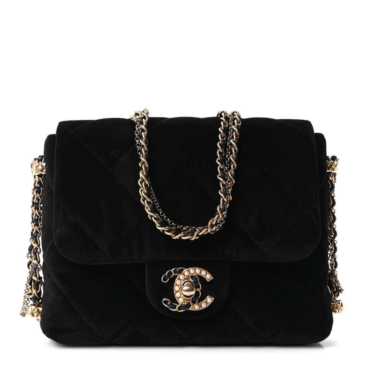 Velvet Quilted Crush On Chains Flap Bag Black
