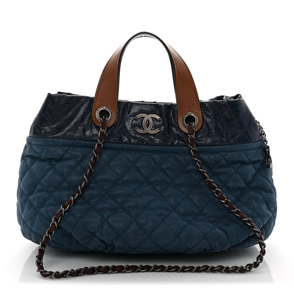 Iridescent Calfskin Quilted Large In The Mix Tote Navy