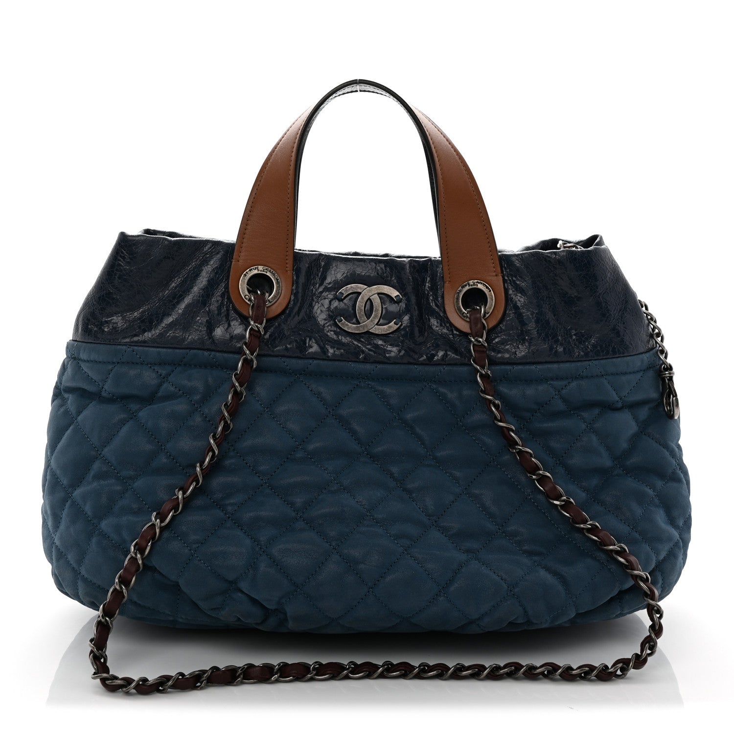 Iridescent Calfskin Quilted Large In The Mix Tote Navy