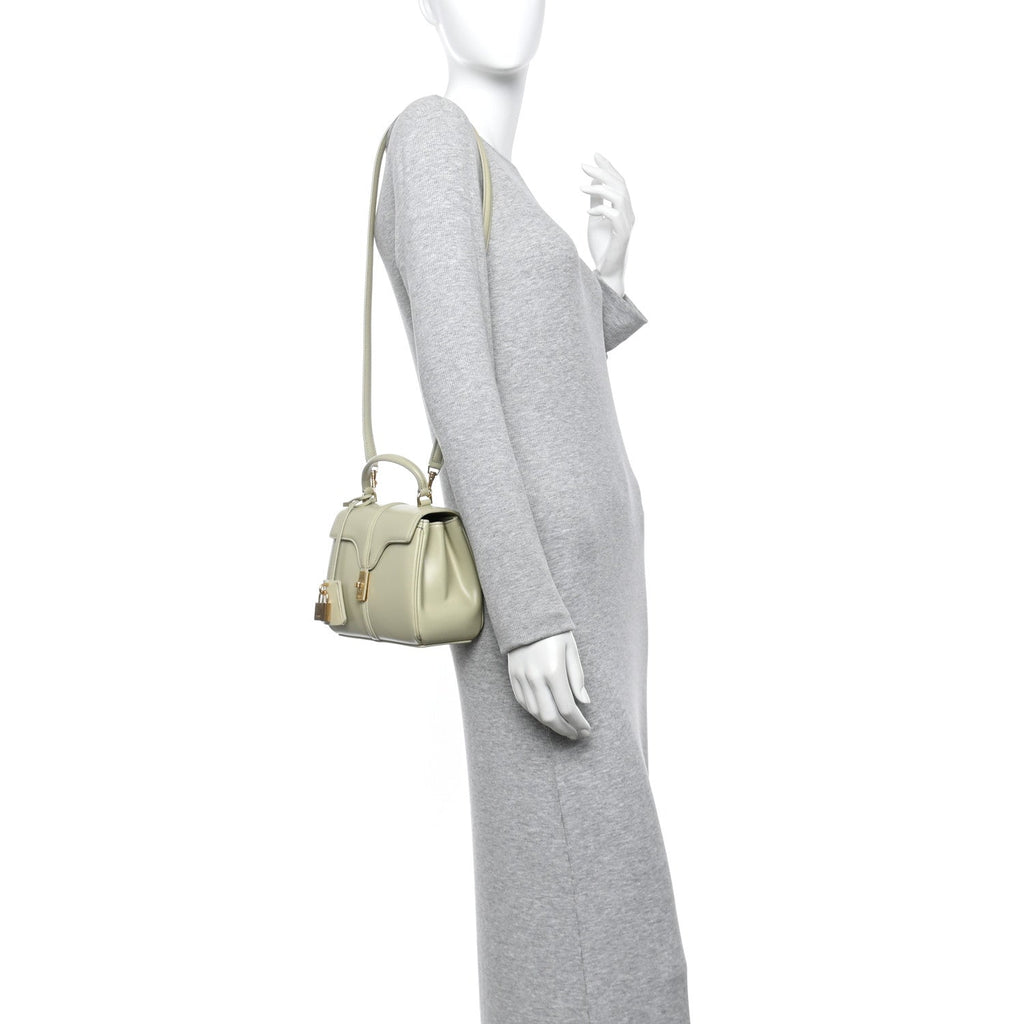 Satinated Calfskin Mini 16 Top Handle Bag Almond Green