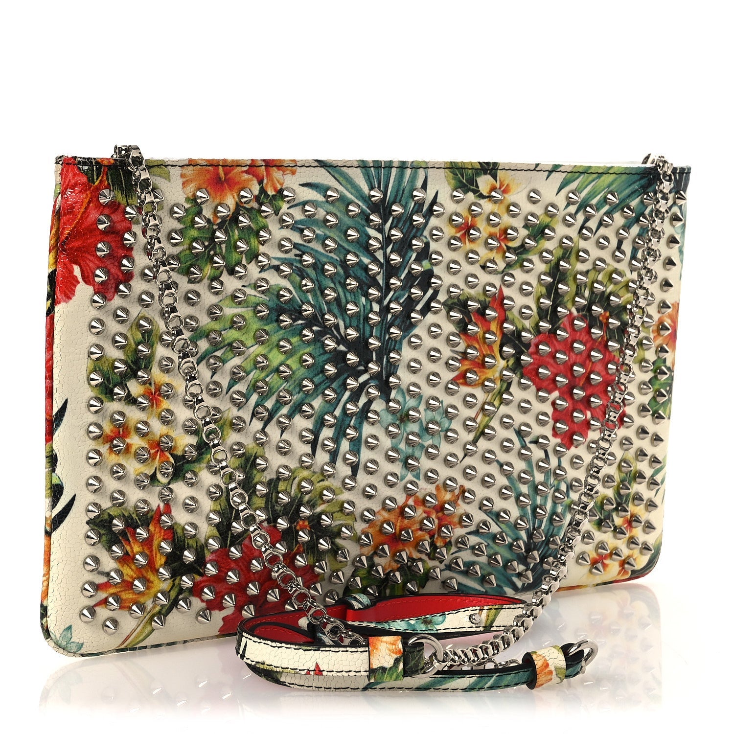 Calfskin Studded Floral Mosaic Loubiclutch Crossbody Clutch White Multicolor