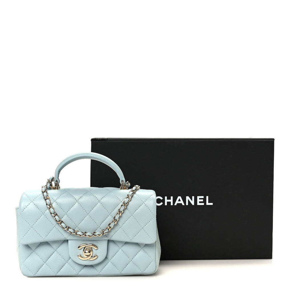 Lambskin Quilted Mini Top Handle Rectangular Flap Light Blue