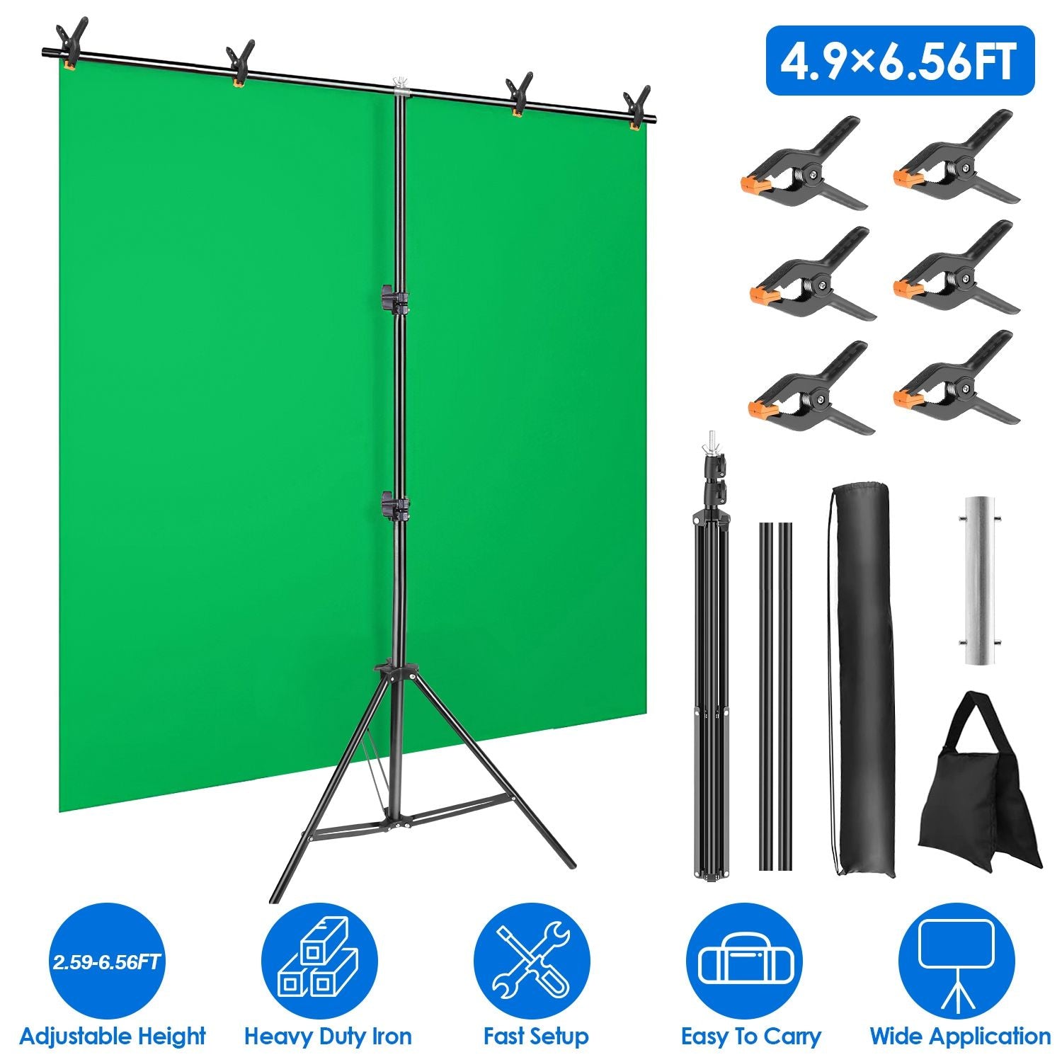 5×6.5FT T-Shape Photo Video Backdrop Stand Heavy Duty Background Stand Adjustable Photography Backdrop Stand with 6 Spring Clamps Sandbag Carry Bag for Studio Party Wedding