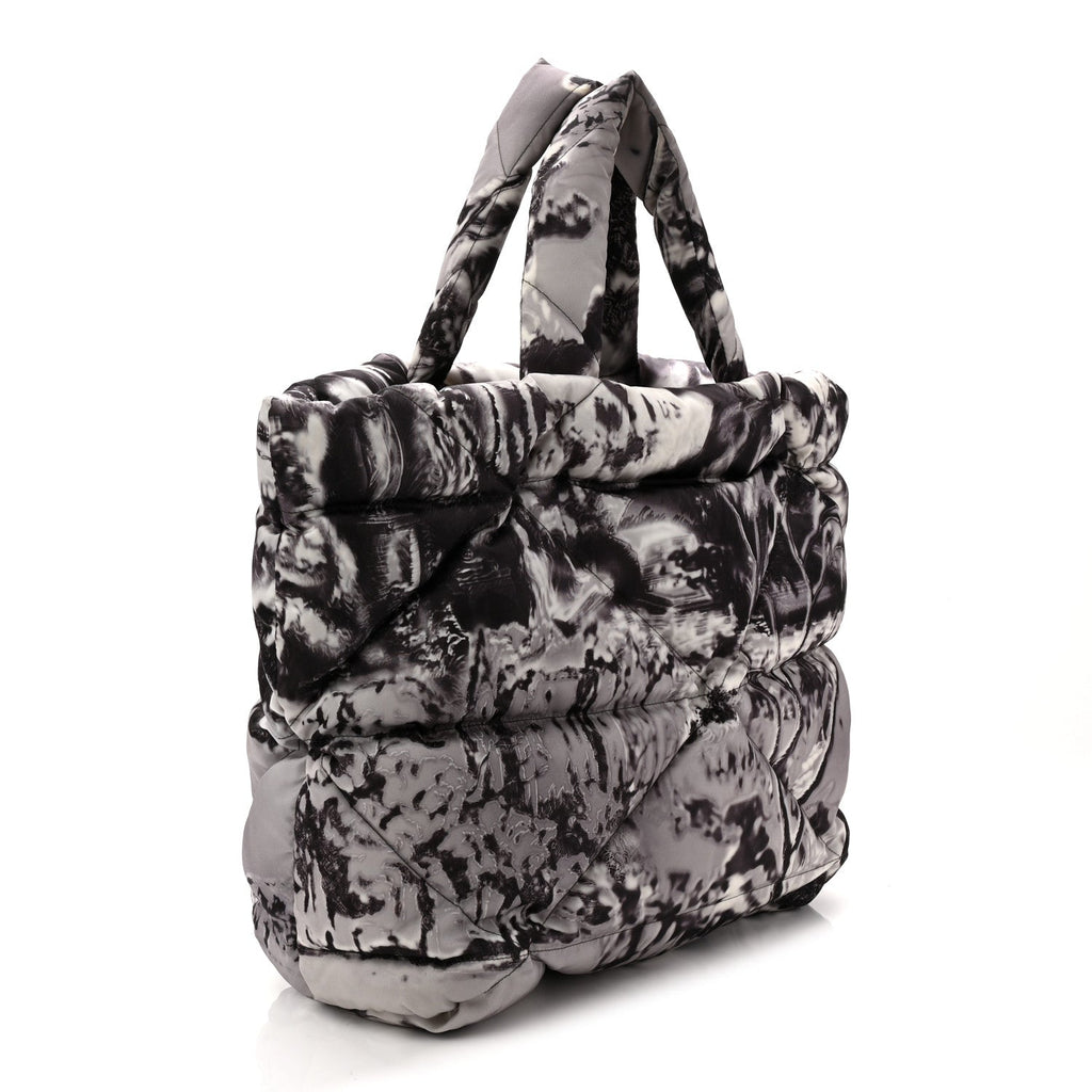 Re-Nylon Padded Printed Medium Tote Bag Black White