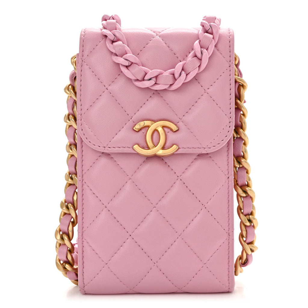 Lambskin Quilted Lacquered Chain Phone Holder With Chain Dark Pink