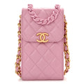 Lambskin Quilted Lacquered Chain Phone Holder With Chain Dark Pink