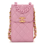 Lambskin Quilted Lacquered Chain Phone Holder With Chain Dark Pink