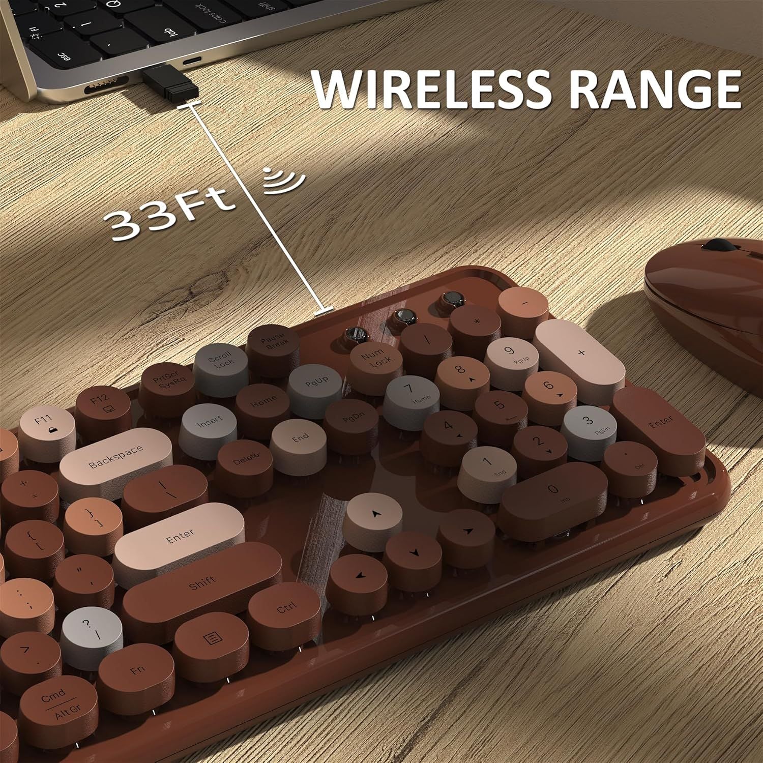 Wireless Keyboard and Mouse, Full-Size Retro Typewriter Keyboard with Round Keycaps, 2.4GHz for Windows, Mac, Laptop, PC, Desktop (Coffee Colorful)