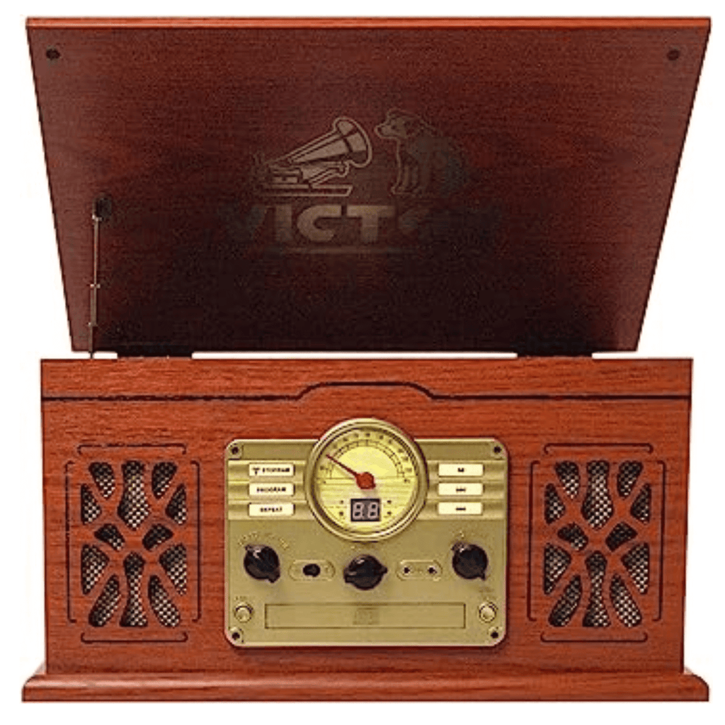 7-in-1 Wood Music Center with 3-Speed Turntable & Dual Bluetooth