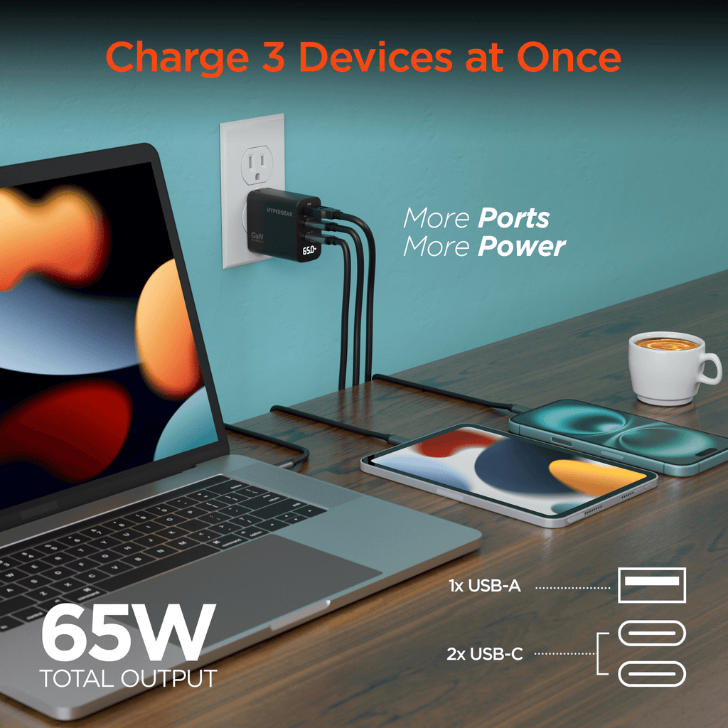 SpeedBoost 65W USB-C PD Tri-Port GaN Laptop Charger with PPS and Digital Display