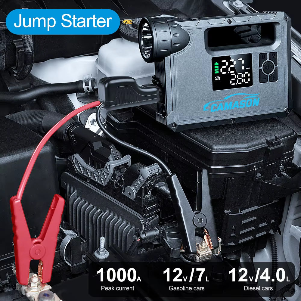 5-in-1 Portable Car Jump Starter with Air Compressor, Flashlight, Power Bank, and Battery Booster