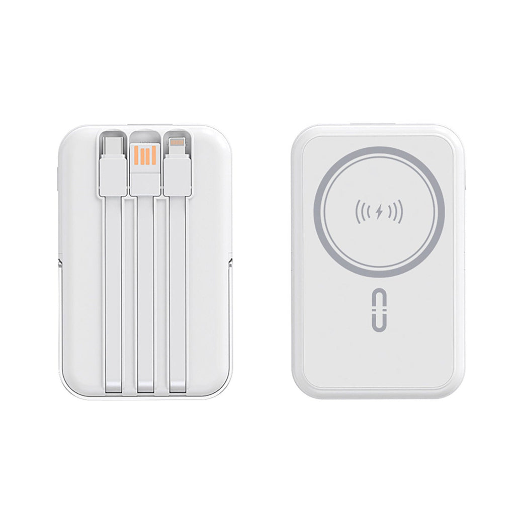 10,000mAh Portable Magnetic Wireless Charging Power Bank w/ Phone Stand, 3 Built-in Cables, LED Display and Fast Charge Ports