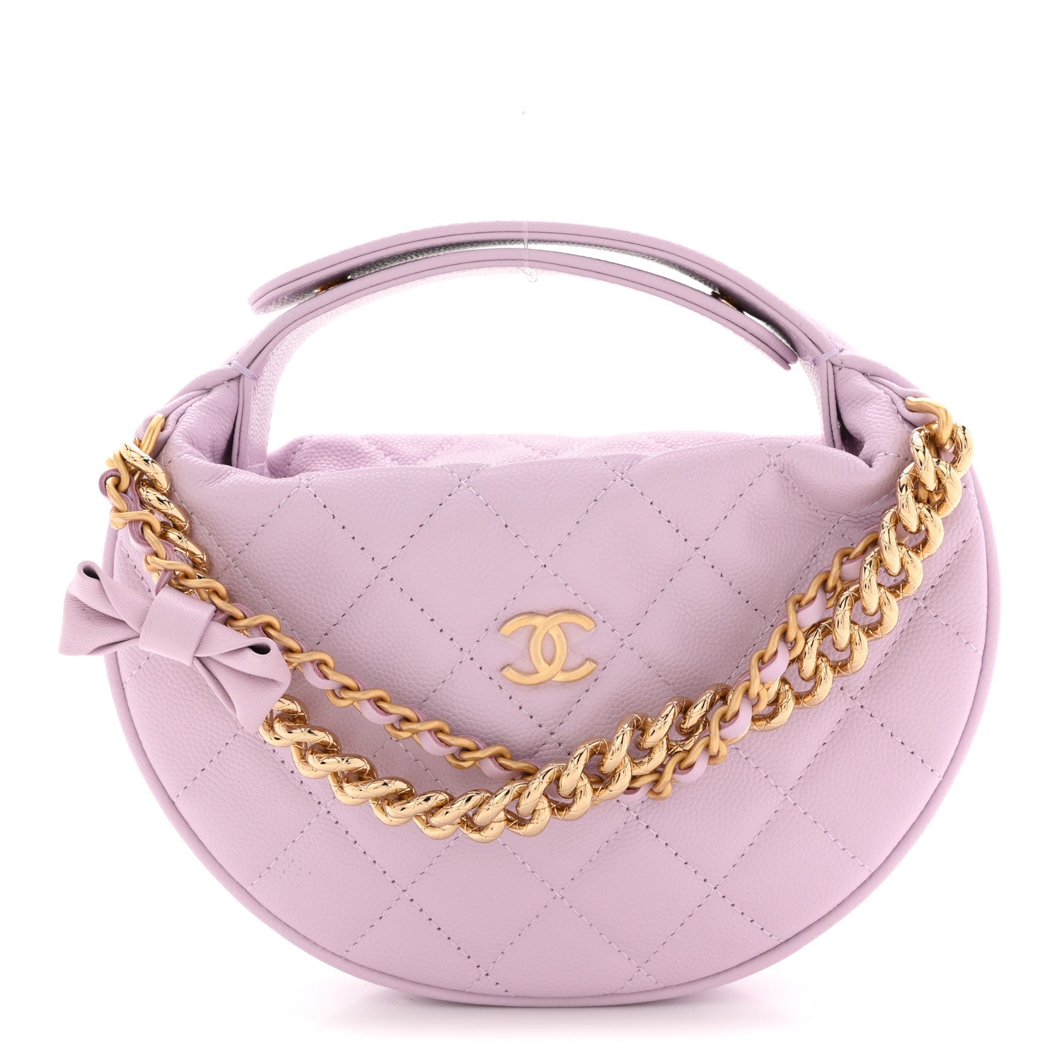 Shiny Caviar Quilted Bow Pouch Hobo Light Purple