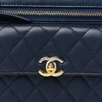 Lambskin Quilted Square Front Pocket Clutch With Chain Navy Blue
