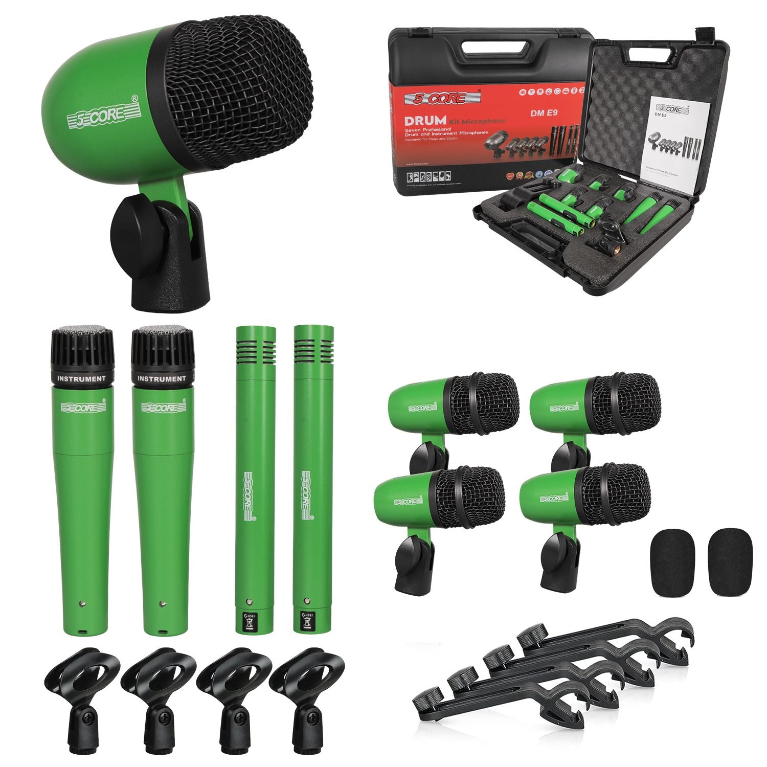 Drum Microphone Kit 9Pc All Metal Drummer Mics Tom/Snare & Cymbals Wired Instrument Drums Set