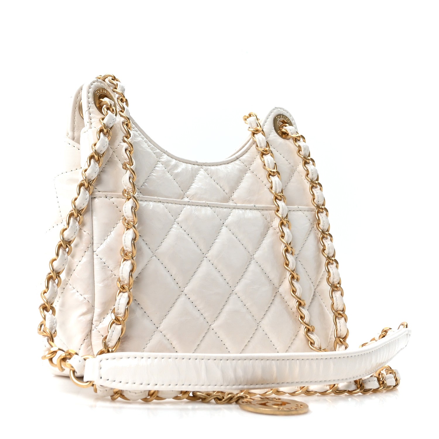 Shiny Crumpled Calfskin Quilted Small Wavy CC Hobo White