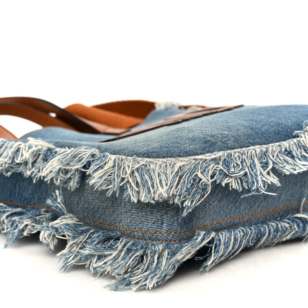 Denim Lavato Vitello King Logo Embroidered Frayed Tote Denim Chiaro Cuoio