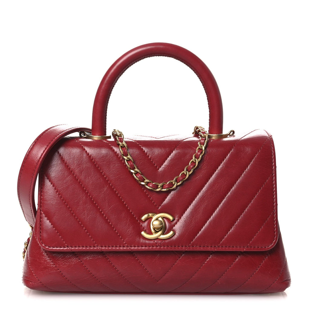 Aged Calfskin Chevron Quilted Mini Coco Handle Flap Red