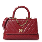 Aged Calfskin Chevron Quilted Mini Coco Handle Flap Red