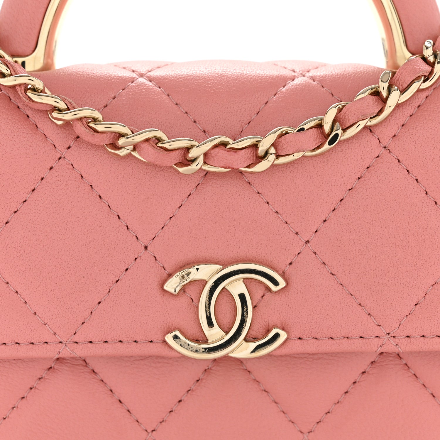 Lambskin Quilted Top Handle Flap Clutch With Chain Pink
