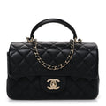 Lambskin Quilted Mini Top Handle Rectangular Flap Black