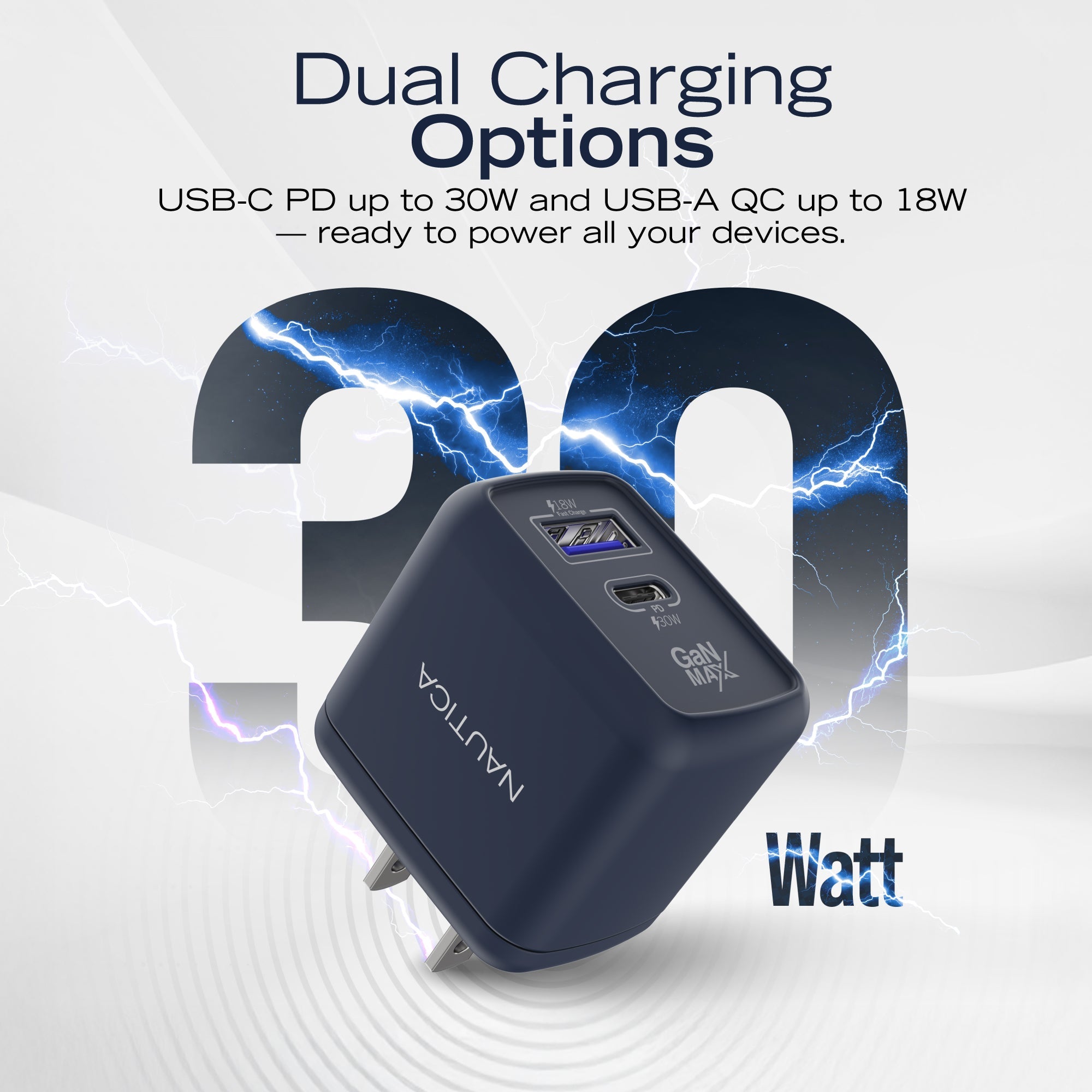 Nautica CH130 Charger - Fast Charging 30W PD USB-C / USB-A QC3.0 Dual Port Wall Charger for iPhone 16/15, Galaxy, Pixel