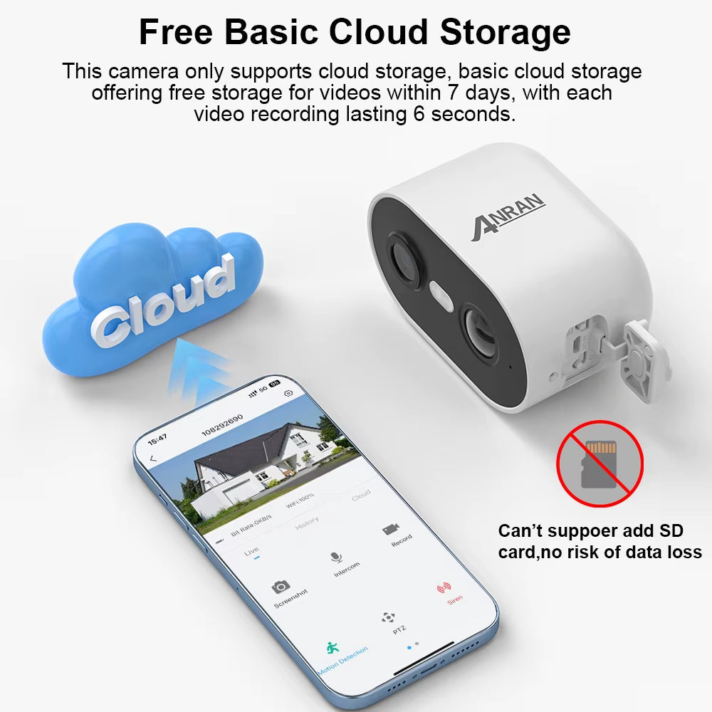 2K Wireless Rechargeable Battery Camera with 2.4G WiFi for Home Surveillance, PIR Detection, IP65 Rating, Compatible with ANRAN App - 1Pc
