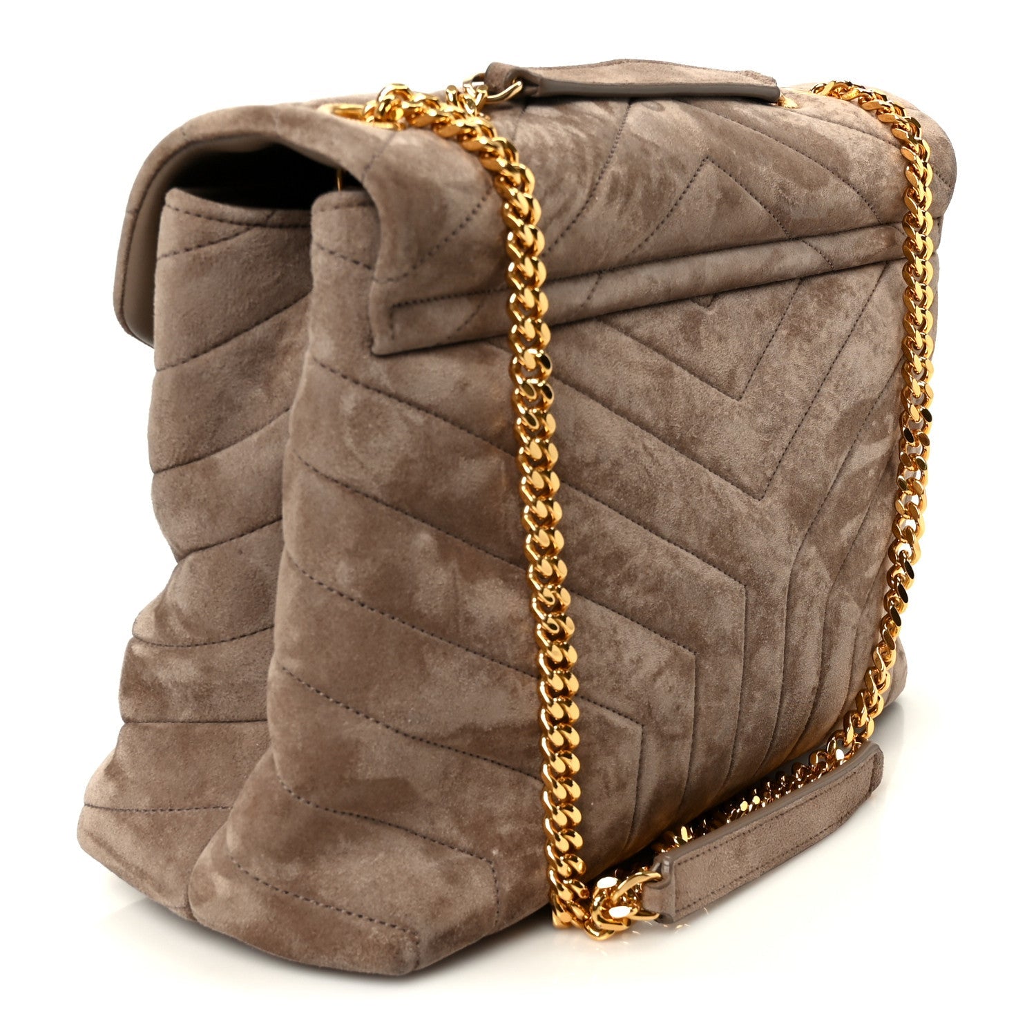 Suede Y Quilted Monogram Medium Loulou Chain Satchel Taupe