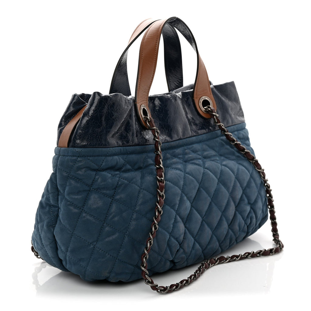 Iridescent Calfskin Quilted Large In The Mix Tote Navy