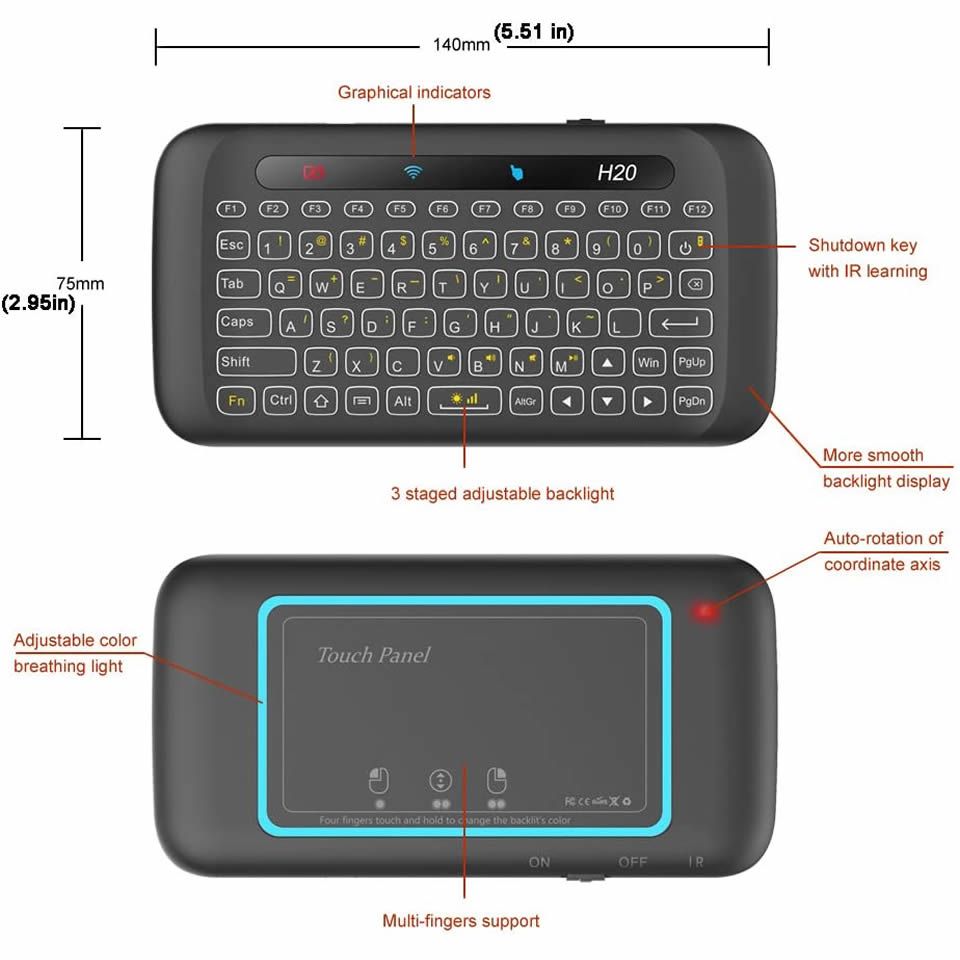 Mini Wireless Keyboard Backlight Touchpad Air Mouse IR Leaning Remote Control for Andorid Box Smart TV Windows PK H18 Plus