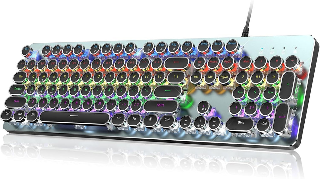 Typewriter Style Mechanical Gaming Keyboard, Metal Panel, Retro Punk Round Keycaps, Clicky Blue Switch, Rainbow LED Backlit, 104 Keys Wired Keyboard, Round Keycaps for PC Laptop Mac Gamer