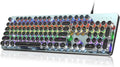 Typewriter Style Mechanical Gaming Keyboard, Metal Panel, Retro Punk Round Keycaps, Clicky Blue Switch, Rainbow LED Backlit, 104 Keys Wired Keyboard, Round Keycaps for PC Laptop Mac Gamer