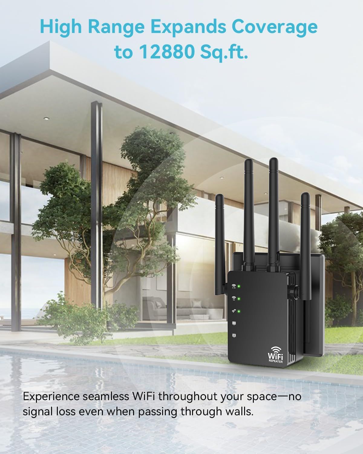 105-Device Compatible WiFi Extender Signal Booster, WiFi Extender, 12880 Sq.Ft Long Range, Dual Band 5GHz/2.4GHz 1200Mbps, Simple Installation for Home & Outdoor