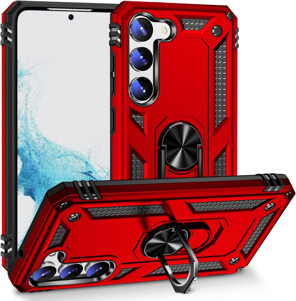 SAHARA - Bundle: Red Kickstand Series with Belt Clip Case with Tempered Glass Screen and Camera Protector - Samsung Galaxy S23